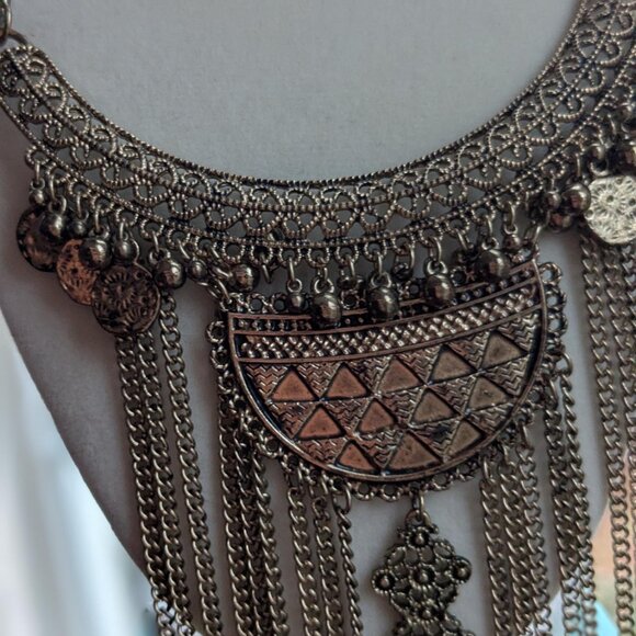 Antique Boho Statement Necklace - Vintage Filigree Pendant with Layered Chains - Picture 5 of 7